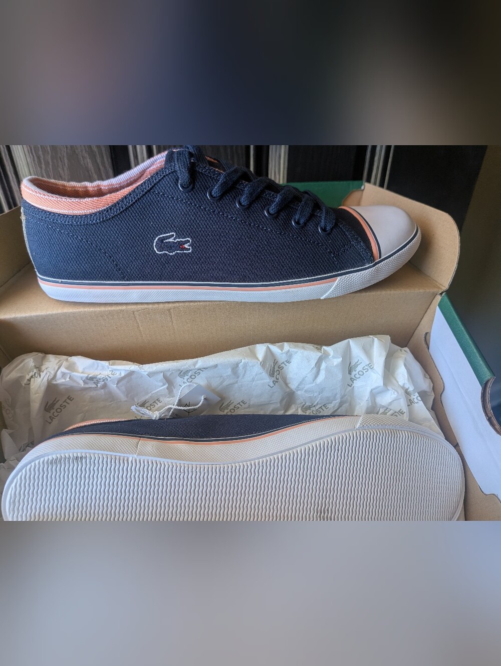 Lacoste Navy Canvas Sneaker with Pink Trim Sz 8.5